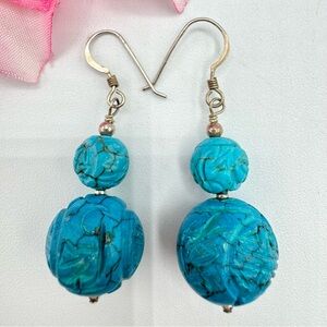 Eastern Asian Theme Carved Howlite Globe Ball Dangle Earrings Faux Turquoise 2”